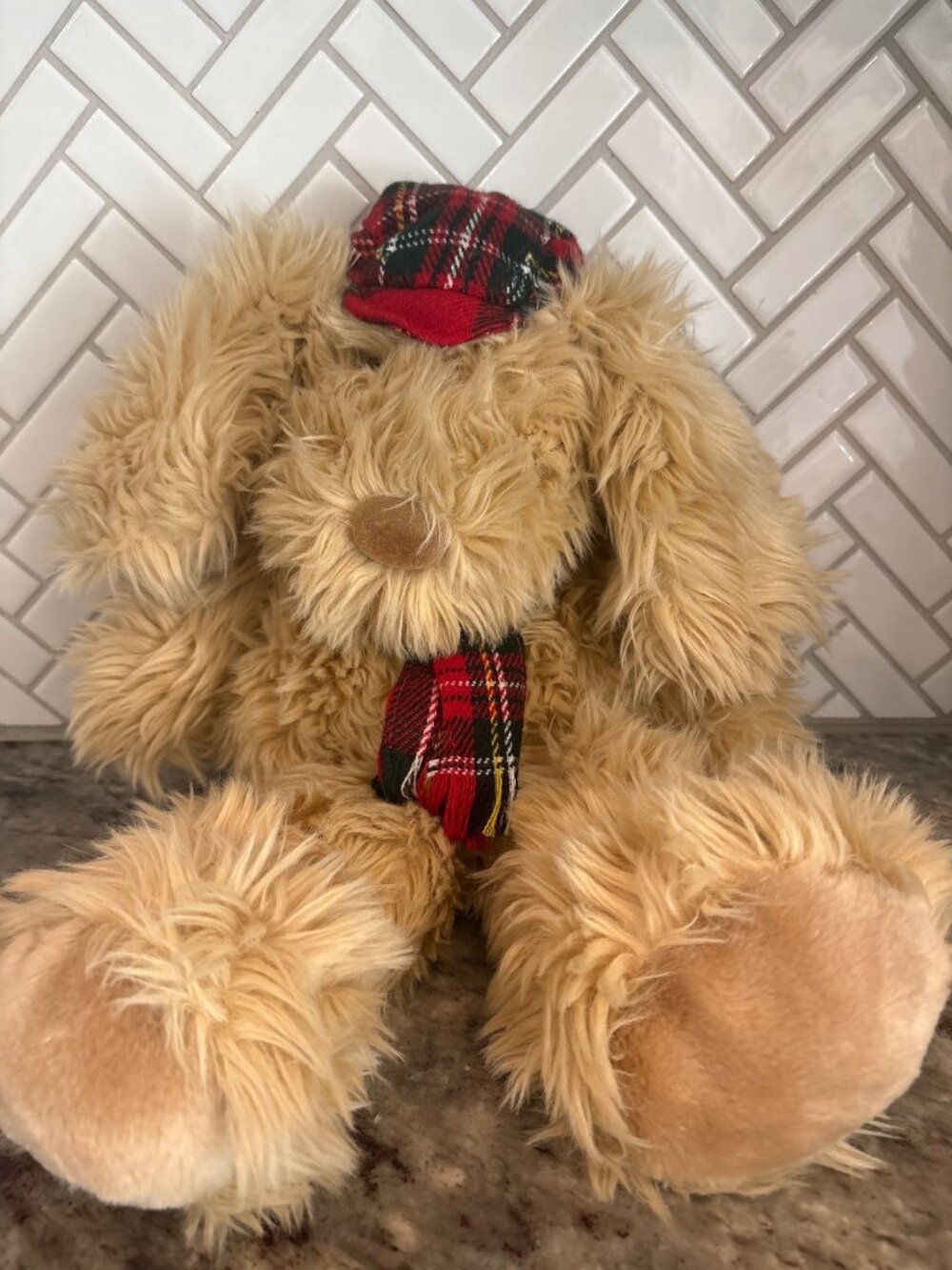 Vintage Ganz Cottage Dog Plush 12" XS1968 Shaggy Golden Puppy Christmas Plaid